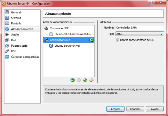 Nota la imagen ISO de Ubuntu Server bajo la Controladora IDE